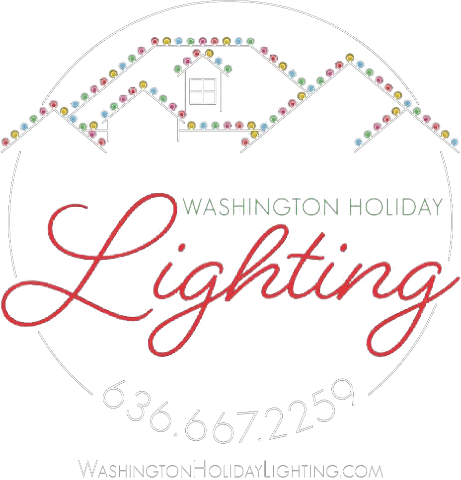 Washington Holiday Lighting logo featuring a roofline outlined with colorful Christmas lights above the company name, along with the phone number 636-667-2259 and website WashingtonHolidayLighting.com. Professional provider of custom residential and commercial holiday lighting, Christmas light installation, and outdoor holiday décor.
