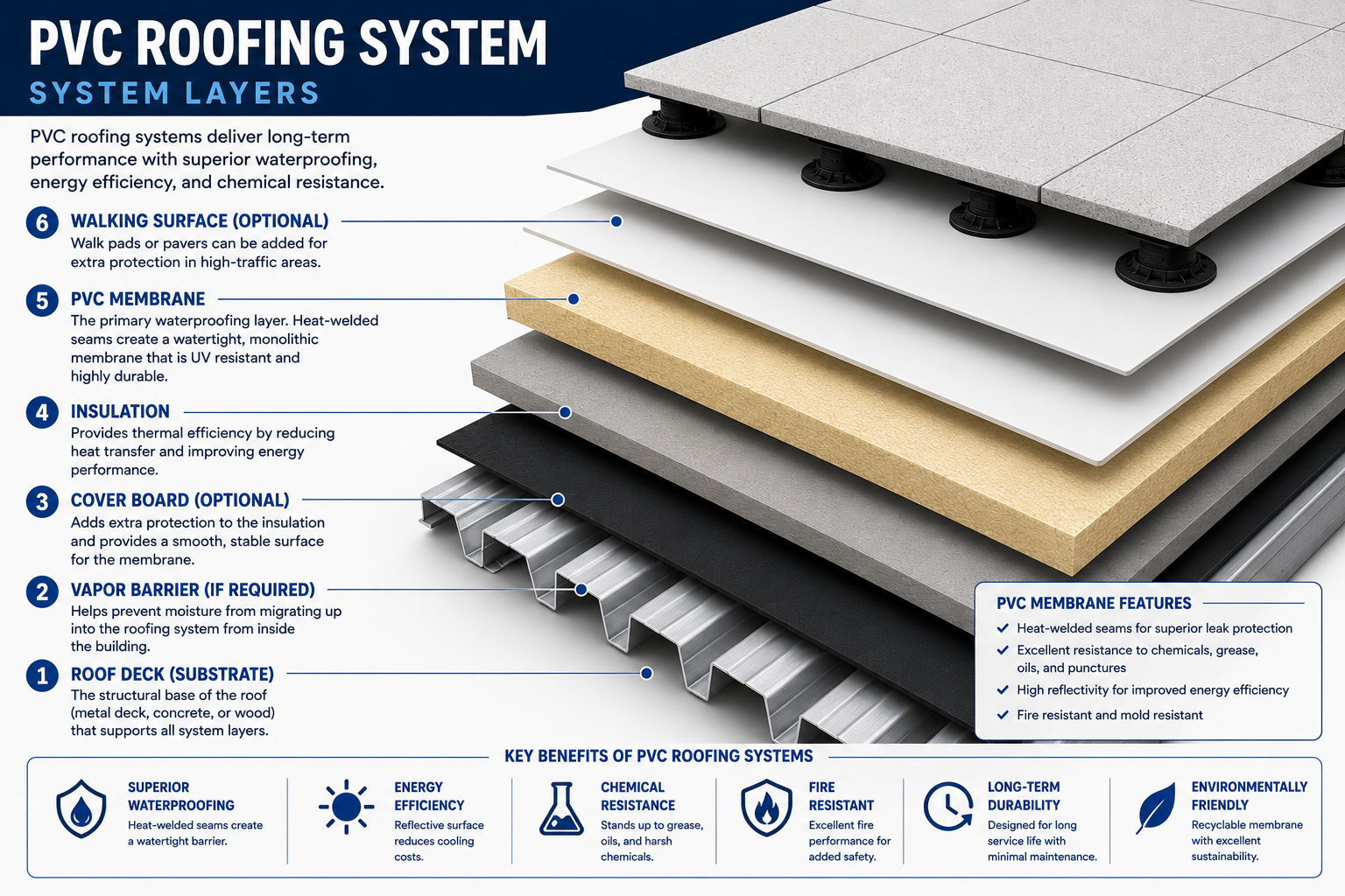 Exploded-view diagram of a PVC roofing system showing the six primary layers of a commercial low-slope roof assembly. The illustration identifies: (1) roof deck/substrate made of metal decking, concrete, or wood, (2) a vapor barrier to help prevent moisture migration from inside the building, (3) an optional cover board that protects insulation and provides a stable surface, (4) rigid insulation that improves thermal performance and energy efficiency, (5) a heat-welded PVC membrane that serves as the primary waterproofing layer, and (6) an optional walking surface made of pavers or walk pads for protection in high-traffic areas. The graphic highlights key PVC membrane features including heat-welded seams, resistance to chemicals, grease, oils, and punctures, high solar reflectivity, fire resistance, and mold resistance. Additional benefits shown include superior waterproofing, energy efficiency, chemical resistance, fire resistance, long-term durability, and environmental sustainability.
