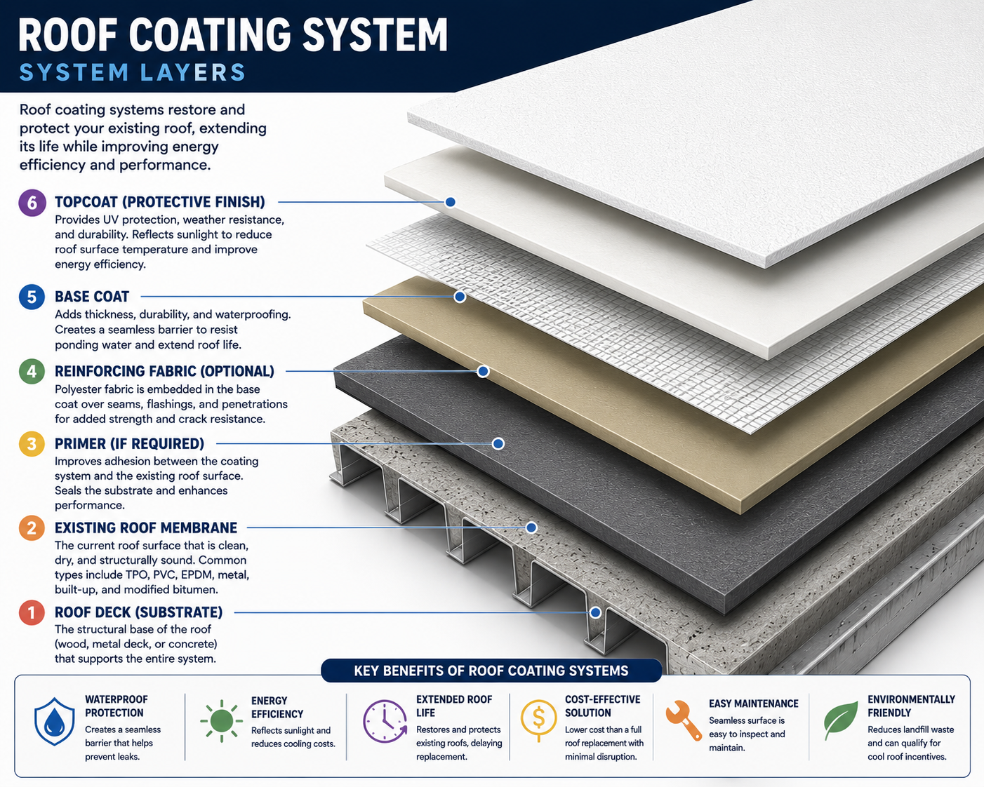 Exploded-view diagram of a roof coating system showing the six layers involved in restoring and protecting an existing commercial roof. The illustration identifies: (1) the roof deck/substrate made of wood, metal decking, or concrete, (2) the existing roof membrane, which may be TPO, PVC, EPDM, metal, built-up roofing, or modified bitumen, (3) an optional primer that improves adhesion between the coating and roof surface, (4) optional reinforcing fabric embedded at seams, flashings, and penetrations for added strength and crack resistance, (5) a base coat that creates a seamless waterproof barrier and adds durability, and (6) a reflective topcoat that provides UV protection, weather resistance, and improved energy efficiency. The graphic highlights key benefits of roof coating systems, including waterproof protection, reduced cooling costs through energy efficiency, extended roof life, cost-effective restoration compared to replacement, easy maintenance, and environmentally friendly performance that reduces landfill waste.