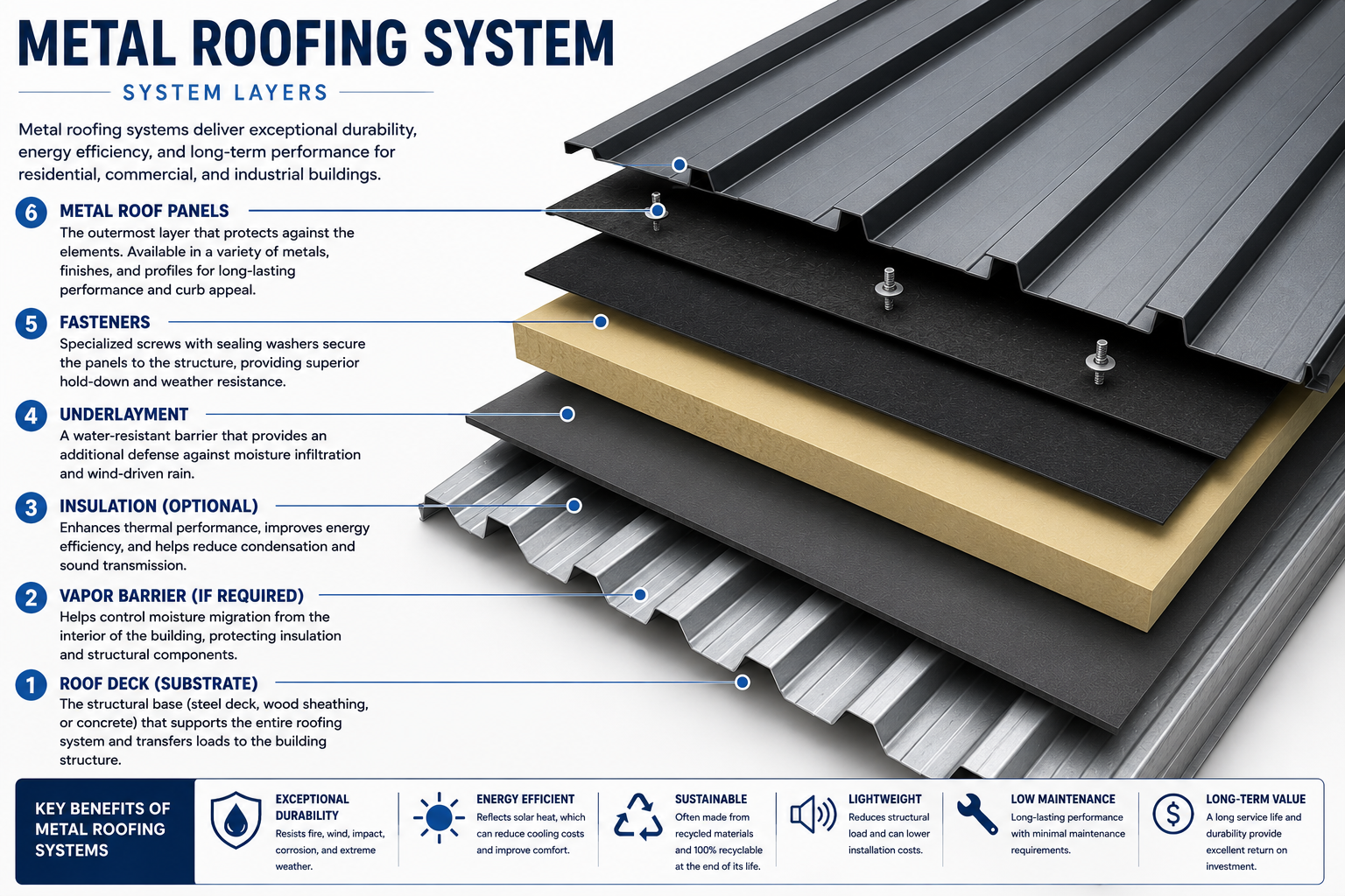 Exploded-view diagram of a metal roofing system displaying the six primary layers of a commercial or residential metal roof assembly. The illustration identifies: (1) roof deck/substrate made of steel decking, wood sheathing, or concrete, (2) vapor barrier to help control moisture migration from the building interior, (3) optional insulation that improves energy efficiency and reduces condensation and sound transmission, (4) underlayment that provides an additional water-resistant barrier against moisture and wind-driven rain, (5) specialized fasteners with sealing washers that securely anchor the roof system, and (6) metal roof panels that form the durable exterior weatherproof surface. The graphic highlights key benefits of metal roofing, including exceptional durability, energy efficiency, sustainability, lightweight construction, low maintenance requirements, and long-term value with a long service life.