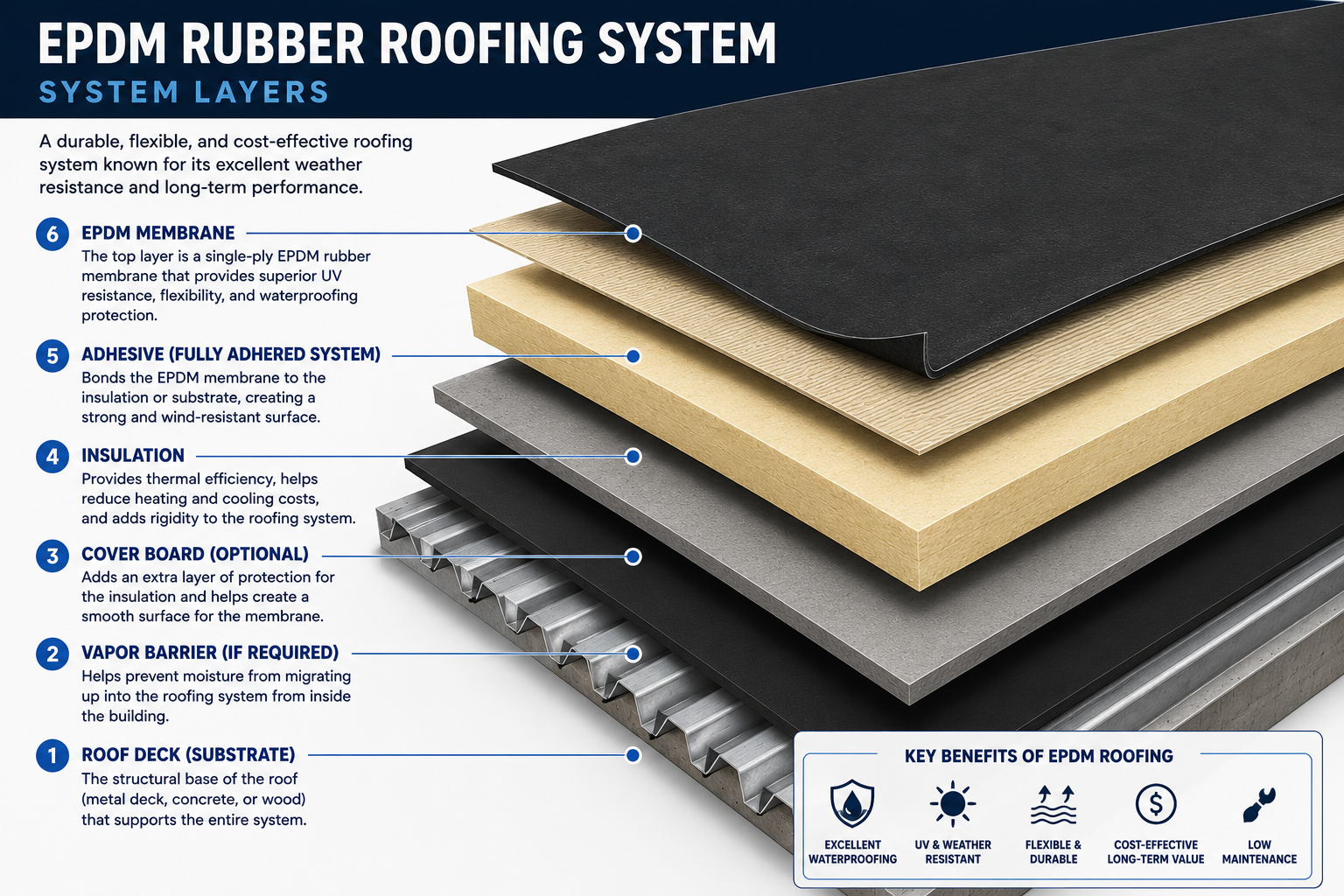 Exploded-view diagram of an EPDM rubber roofing system showing the six primary layers of a commercial low-slope roof assembly. The illustration identifies: (1) roof deck/substrate made of metal, concrete, or wood, (2) vapor barrier to help prevent moisture migration from inside the building, (3) optional cover board that protects the insulation and creates a smooth surface, (4) rigid insulation that improves energy efficiency and thermal performance, (5) adhesive used in a fully adhered system to securely bond the membrane, and (6) a single-ply EPDM rubber membrane that provides waterproofing, UV resistance, flexibility, and long-term durability. The graphic also highlights key benefits of EPDM roofing, including excellent waterproofing, strong UV and weather resistance, flexibility and durability, cost-effective long-term value, and low maintenance requirements.