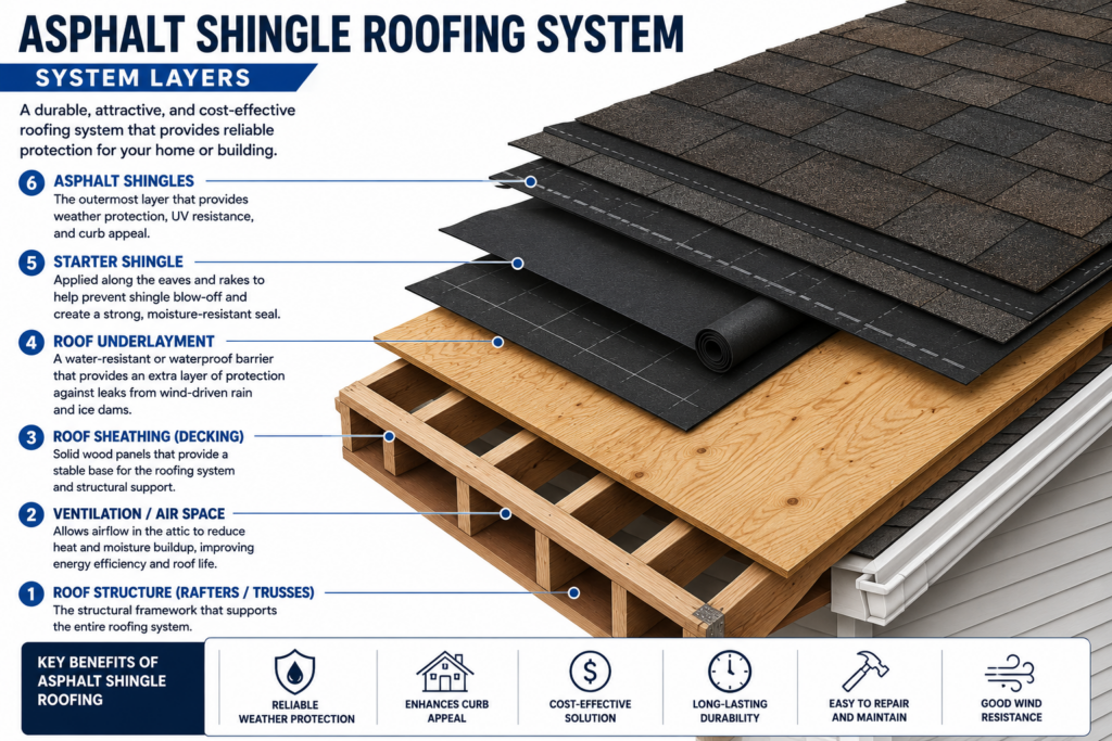 Illustrated cutaway diagram of an asphalt shingle roofing system showing six labeled layers from the roof structure up. The graphic identifies: (1) roof structure consisting of rafters and trusses, (2) ventilation and air space, (3) roof sheathing/decking made of wood panels, (4) roof underlayment as a water-resistant barrier, (5) starter shingles along the roof edges, and (6) asphalt shingles as the finished exterior roofing surface. The image highlights the layered construction in a 3D exploded view and includes key benefits such as reliable weather protection, enhanced curb appeal, cost-effectiveness, long-lasting durability, ease of repair and maintenance, and good wind resistance.