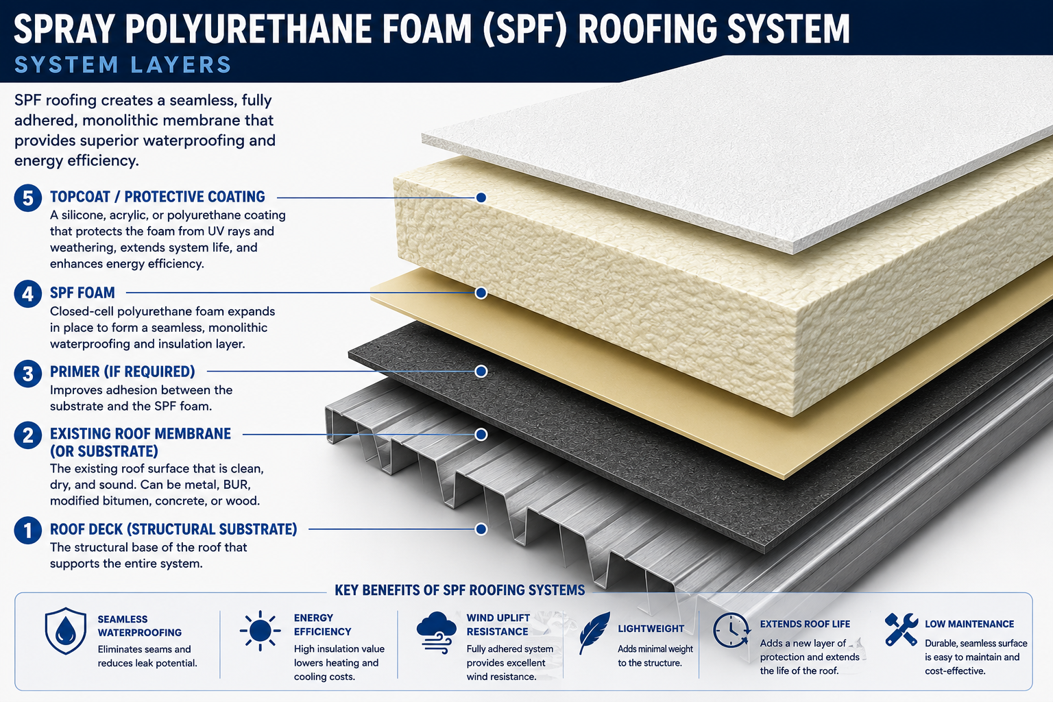 Exploded-view diagram of a Spray Polyurethane Foam (SPF) roofing system illustrating the five primary layers of a commercial roof restoration assembly. The graphic identifies: (1) the roof deck or structural substrate that supports the roofing system, (2) an existing roof membrane or substrate such as metal, built-up roofing (BUR), modified bitumen, concrete, or wood, (3) an optional primer that improves adhesion between the substrate and SPF foam, (4) closed-cell spray polyurethane foam that expands in place to create a seamless, monolithic waterproofing and insulation layer, and (5) a protective topcoat made of silicone, acrylic, or polyurethane that shields the foam from UV exposure and weathering while improving energy efficiency. The diagram also highlights key benefits of SPF roofing, including seamless waterproofing, high energy efficiency, strong wind uplift resistance, lightweight construction, extended roof life, and low maintenance requirements.