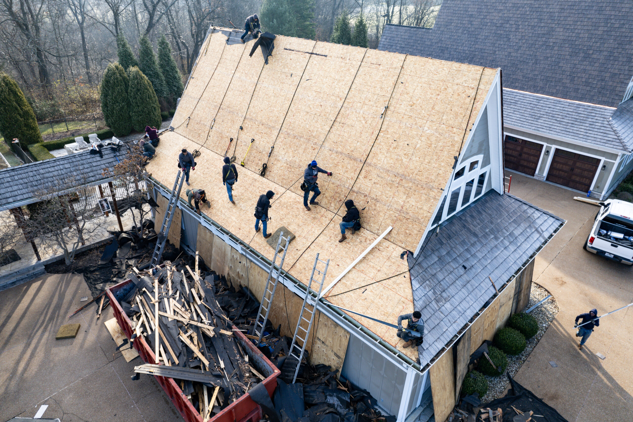 **Alt Text:** Aerial drone photograph of a residential roofing project in progress, showing a large steep-slope roof stripped down to new plywood decking during a complete roof replacement. Multiple roofing crew members wearing safety gear are working across the roof surface, preparing for the installation of new roofing materials. Several extension ladders provide access to different sections of the structure, while safety ropes and harnesses are visible along the roof. Below, a large debris dumpster is filled with removed shingles, wood, and roofing materials from the tear-off process. The home features complex rooflines and cedar shake roofing on adjacent sections, with a detached garage and landscaped property visible in the background. The image highlights the scale, coordination, and craftsmanship involved in a full residential roof replacement project.