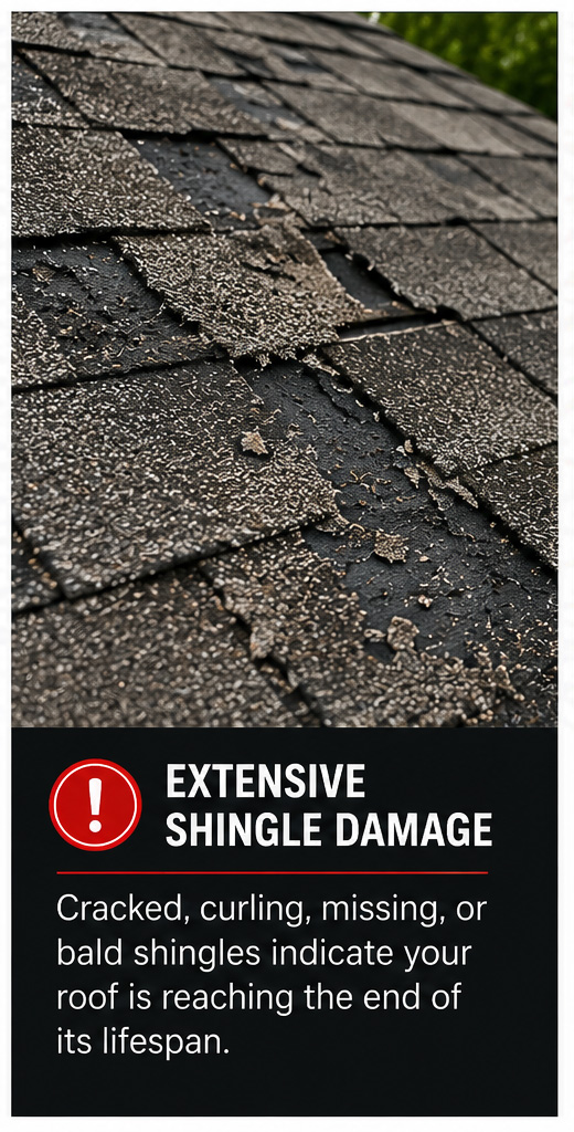 **Alt Text:** Close-up photograph of severely deteriorated asphalt roof shingles showing advanced wear and aging. The shingles display significant granule loss, cracking, curling edges, surface erosion, and missing sections, exposing the underlying roofing material in several areas. The image highlights the effects of long-term weather exposure and roof deterioration, indicating a roofing system that may be nearing the end of its service life. A warning graphic at the bottom reads “Extensive Shingle Damage” and explains that cracked, curling, missing, or bald shingles are common signs that a roof may need repair or replacement.