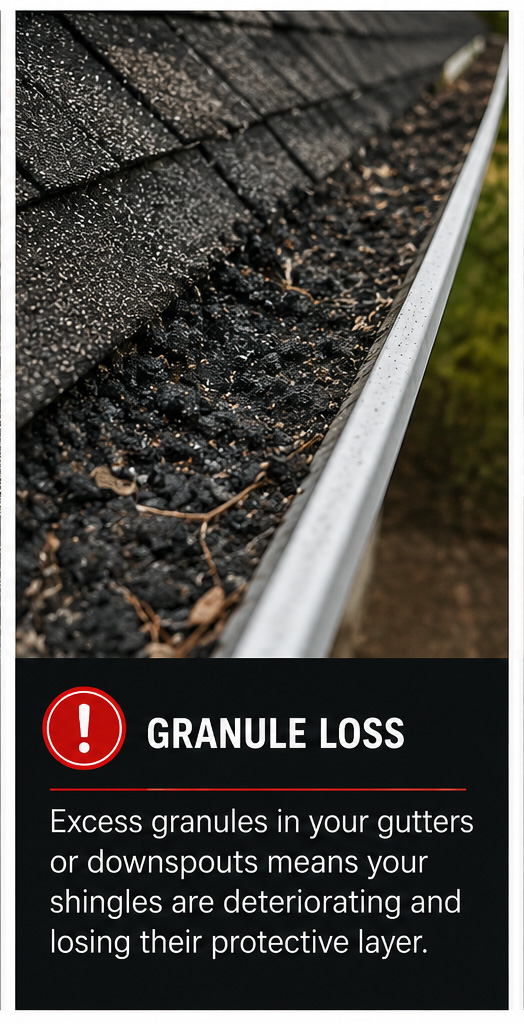 **Alt Text:** Close-up photograph of an asphalt shingle roof gutter filled with large amounts of loose roofing granules, indicating advanced shingle wear and deterioration. The roof edge above the gutter shows aging shingles with visible granule loss, while the gutter contains a thick accumulation of black granules mixed with small debris. The image demonstrates a common sign of an aging roofing system, where shingles lose their protective mineral coating due to weathering and exposure. A warning graphic at the bottom reads “Granule Loss” and explains that excessive granules in gutters or downspouts indicate shingles are deteriorating and losing their protective layer.