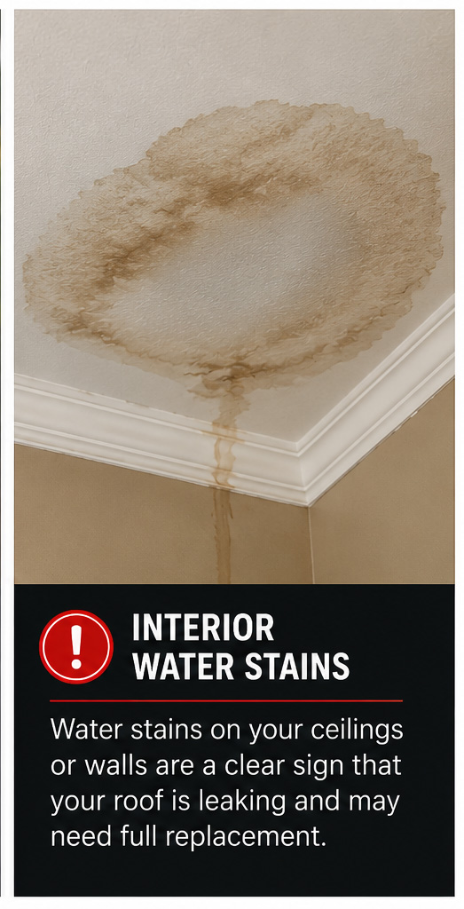 **Alt Text:** Photograph of a residential interior ceiling showing a large brown water stain caused by a roof leak. The stain forms a wide circular discoloration across a textured white ceiling, with water marks extending down the corner wall and crown molding below. The image illustrates a common warning sign of roof failure, where moisture has penetrated the roofing system and entered the living space. A warning graphic at the bottom reads “Interior Water Stains” and explains that water stains on ceilings or walls can indicate an active roof leak that may require professional inspection, repair, or roof replacement.