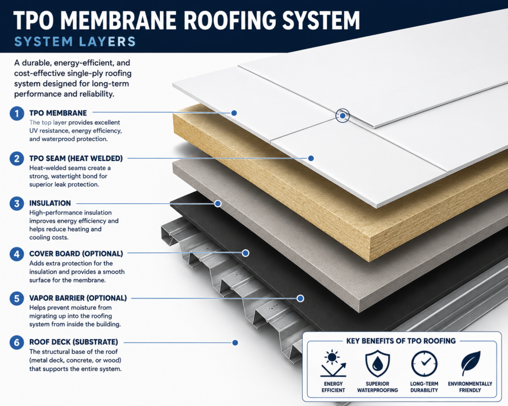 Exploded-view diagram of a TPO membrane roofing system illustrating the six primary layers of a commercial low-slope roof assembly. The graphic identifies: (1) a TPO membrane that serves as the primary waterproofing and UV-resistant surface, (2) heat-welded TPO seams that create a strong, watertight bond for superior leak protection, (3) high-performance insulation that improves energy efficiency and reduces heating and cooling costs, (4) an optional cover board that protects the insulation and provides a smooth, stable surface for the membrane, (5) an optional vapor barrier that helps prevent moisture migration from inside the building, and (6) a roof deck or substrate made of metal decking, concrete, or wood that supports the entire roofing system. The diagram highlights key benefits of TPO roofing, including energy efficiency, superior waterproofing, long-term durability, and environmentally friendly performance.