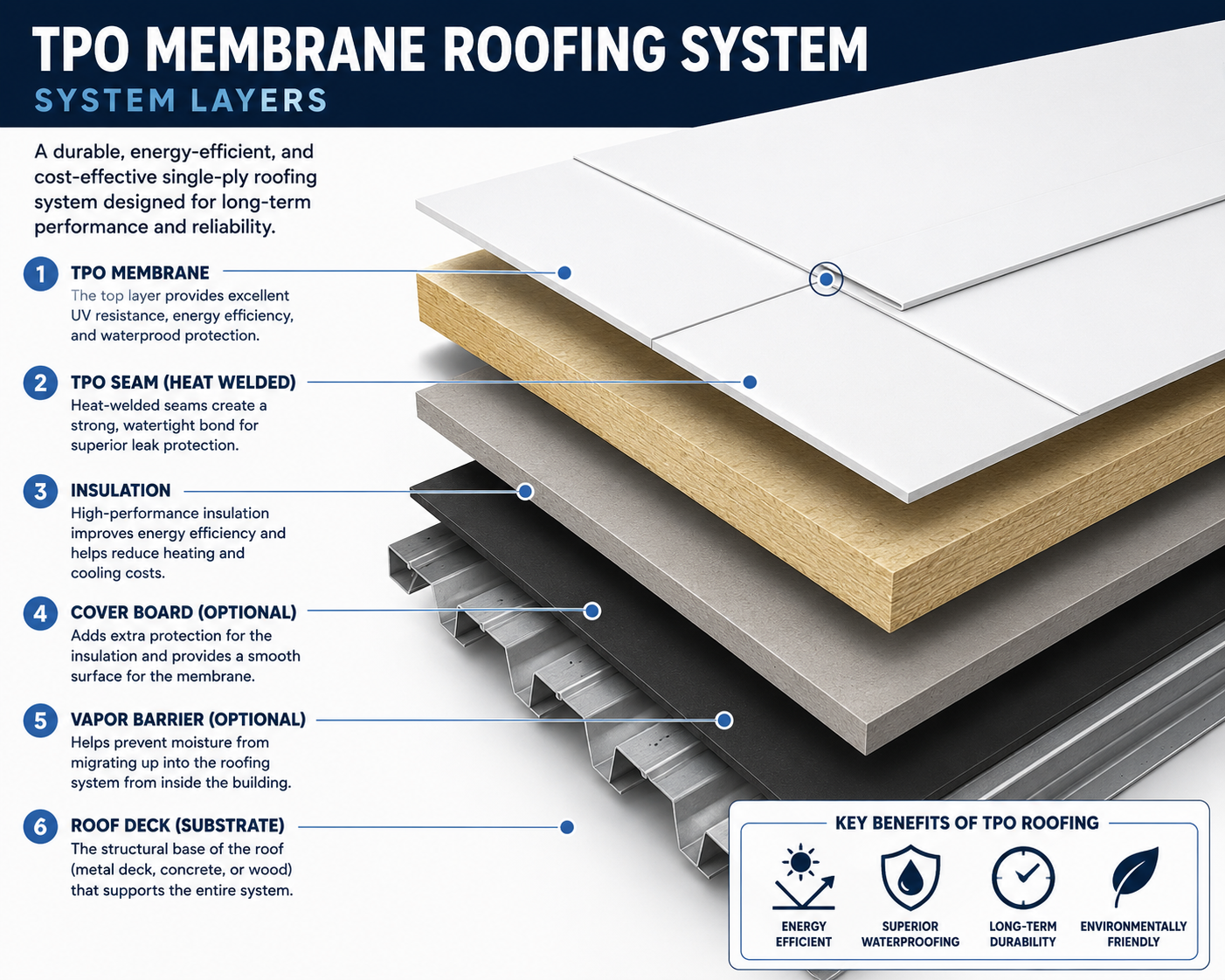 Exploded-view diagram of a TPO membrane roofing system illustrating the six primary layers of a commercial low-slope roof assembly. The graphic identifies: (1) a TPO membrane that serves as the primary waterproofing and UV-resistant surface, (2) heat-welded TPO seams that create a strong, watertight bond for superior leak protection, (3) high-performance insulation that improves energy efficiency and reduces heating and cooling costs, (4) an optional cover board that protects the insulation and provides a smooth, stable surface for the membrane, (5) an optional vapor barrier that helps prevent moisture migration from inside the building, and (6) a roof deck or substrate made of metal decking, concrete, or wood that supports the entire roofing system. The diagram highlights key benefits of TPO roofing, including energy efficiency, superior waterproofing, long-term durability, and environmentally friendly performance.