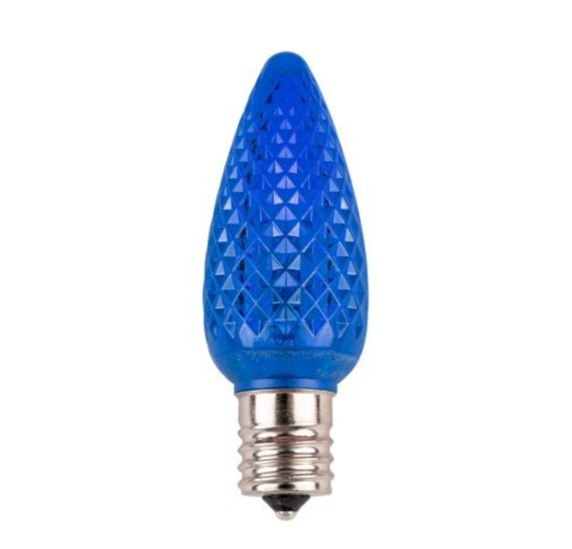 Close-up of a premium blue C9 LED Christmas light bulb designed for professional holiday lighting installations. This energy-efficient commercial-grade Christmas bulb is offered by Washington Holiday Lighting for custom residential and commercial holiday lighting displays, delivering vibrant color, long-lasting performance, and festive curb appeal.