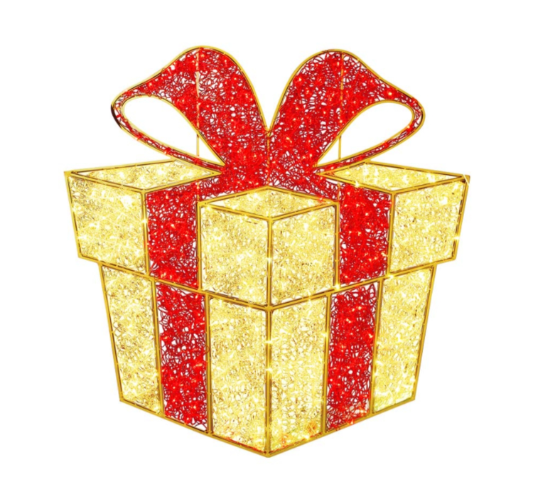 Illuminated oversized Christmas gift box decoration with warm white LED lights and a festive red ribbon, perfect for residential and commercial outdoor holiday displays. This premium Christmas gift decoration is offered by Washington Holiday Lighting as part of its custom holiday lighting and outdoor Christmas décor services, creating eye-catching seasonal displays for homes and businesses.