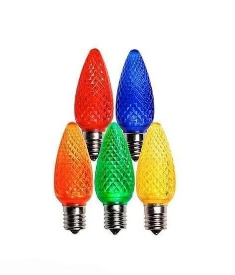 Collection of premium multicolor C9 LED Christmas light bulbs in red, blue, green, orange, and yellow for professional holiday lighting installations. These commercial-grade LED Christmas bulbs are offered by Washington Holiday Lighting for custom residential and commercial holiday lighting displays, delivering vibrant color, energy efficiency, and long-lasting performance for outdoor Christmas décor.