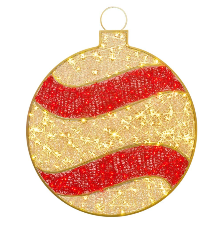 Illuminated red and warm white Christmas ornament decoration featuring integrated LED lights, perfect for residential and commercial outdoor holiday displays. This premium oversized holiday ornament is part of the custom holiday lighting and Christmas décor services offered by Washington Holiday Lighting, creating elegant, festive outdoor displays for homes and businesses.