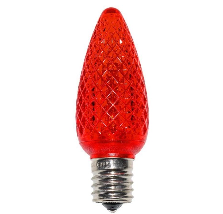 Close-up of a premium red C9 LED Christmas light bulb designed for professional holiday lighting installations. This energy-efficient commercial-grade Christmas bulb is offered by Washington Holiday Lighting for custom residential and commercial holiday lighting displays, delivering vibrant color, long-lasting performance, and festive curb appeal.