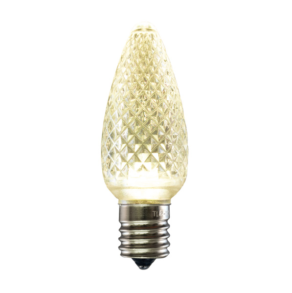 Close-up of a premium warm white C9 LED Christmas light bulb designed for professional holiday lighting installations. This commercial-grade warm white LED bulb is offered by Washington Holiday Lighting for custom residential and commercial holiday lighting displays, providing elegant illumination, energy efficiency, and long-lasting performance for outdoor Christmas lighting.