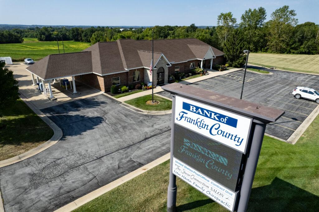 Aerial Image of the bank of Franklin county located in New Haven MO Showcasing a compel\eted roof replacement performed by Washington Roofing & Construction a Roofing contractor In New Haven MO